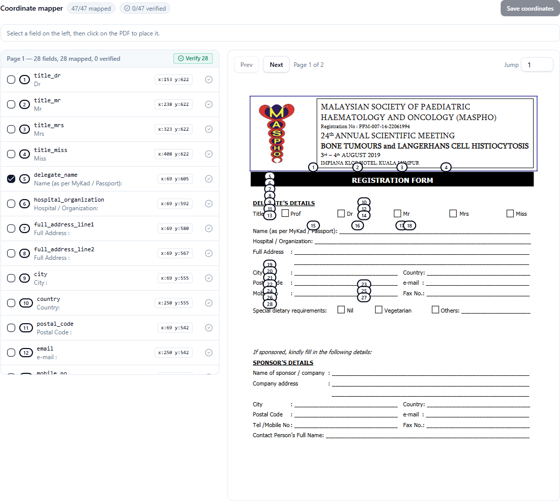 Coordinate mapper with field list, page navigator, and PDF preview with numbered badges