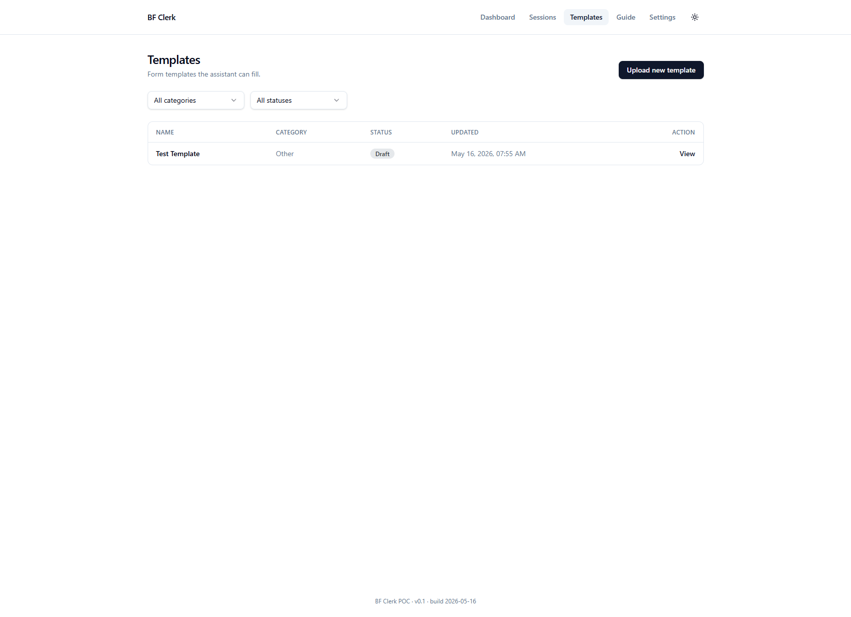 Templates list page with the Upload new template button highlighted