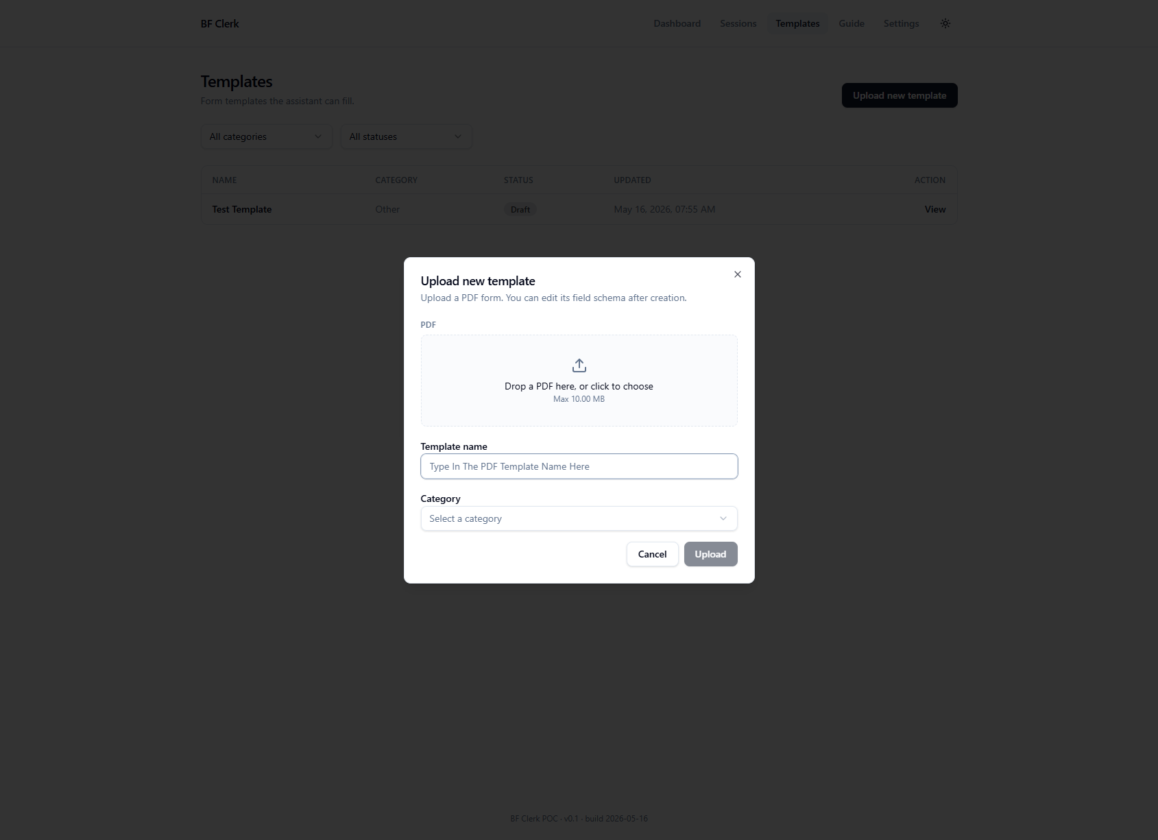 Upload new template modal with drop zone, name and category fields, and Upload button