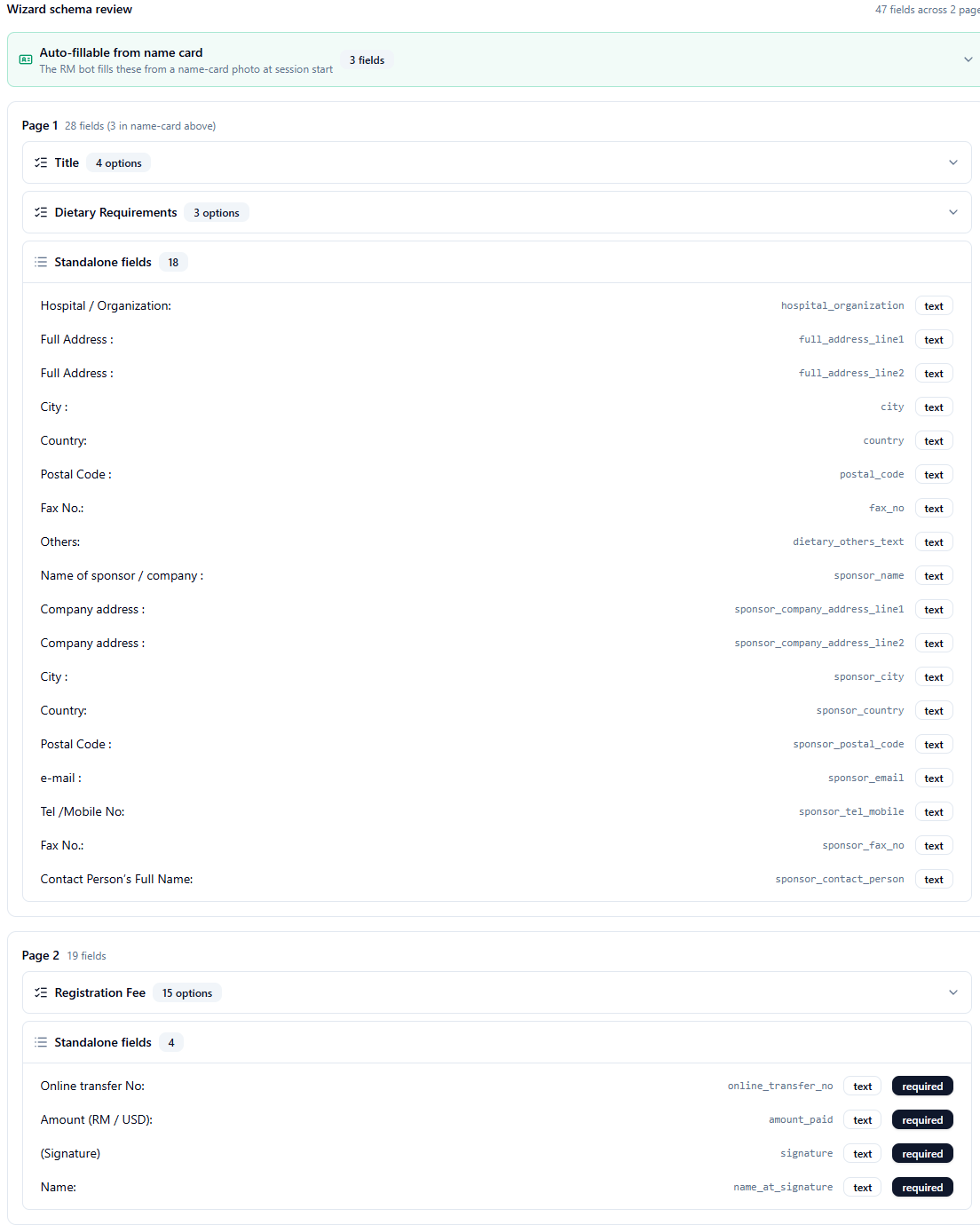 Wizard schema review panels showing name-card bundle and per-page sections